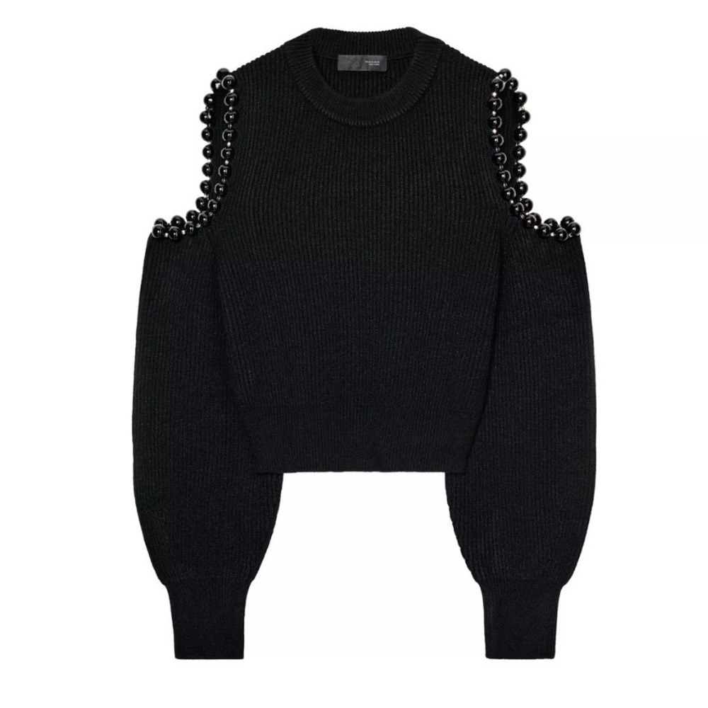 Zara Black Knit Cut Out Bead Jumper Cold Shoulder Ribbed Sweater 3920/779 Small